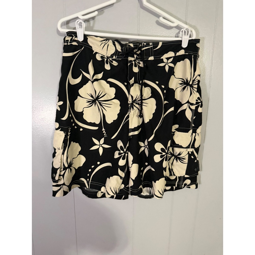 Sand N Sun Swim Trunks Mens Large Black‎ Hibiscus Floral Board Shorts Cargo